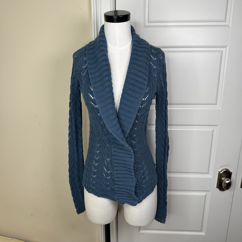 Hollister Knit Cardigan Womens Medium Dark Blue Lace Shawl Collar Y2K Mean Girls